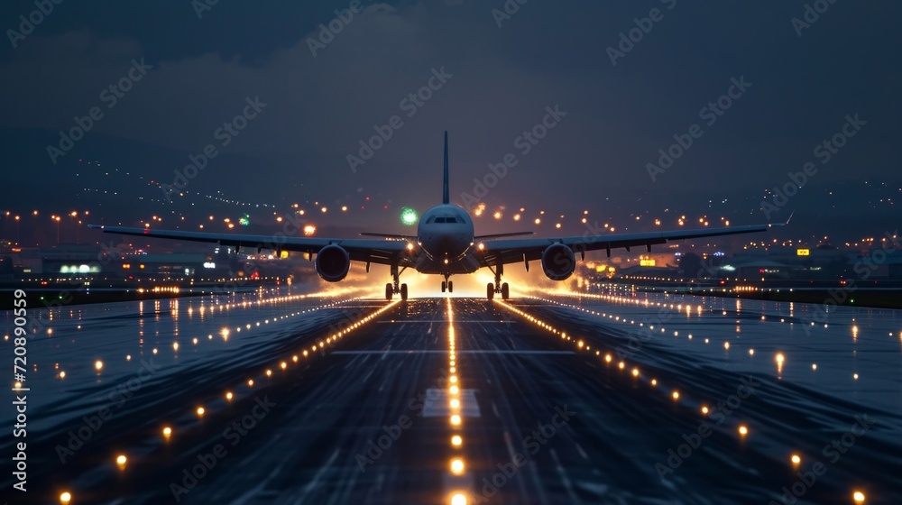 Fototapeta premium Passenger Airplane take off from runways at night
