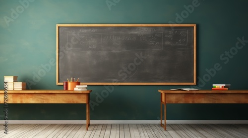 Bright and airy classroom setting with an empty chalkboard for educational concepts
