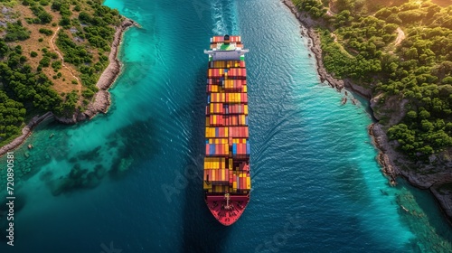 Aerial view of container cargo ship sailing in the sea, global shipping and trade concept