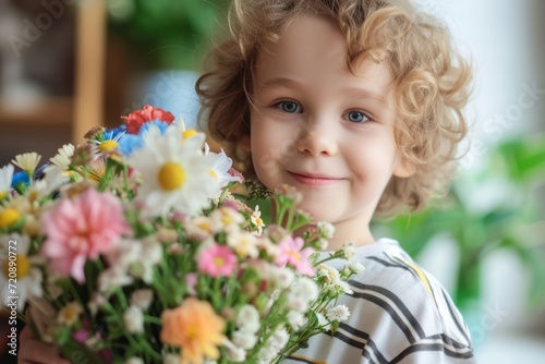 Son with a bouquet of flowers for mother on Mother's day
