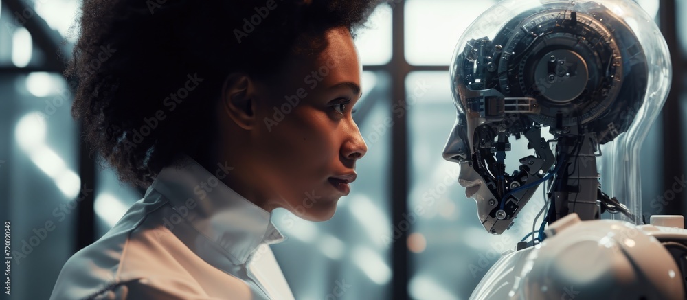 Attentive future engineer learns from black scientist about robots mimicking humans. Various industries benefit from robotics tech. Attentive future engineer learns from black scientist about robots mimicking humans. Various industries benefit from robotics tech.
