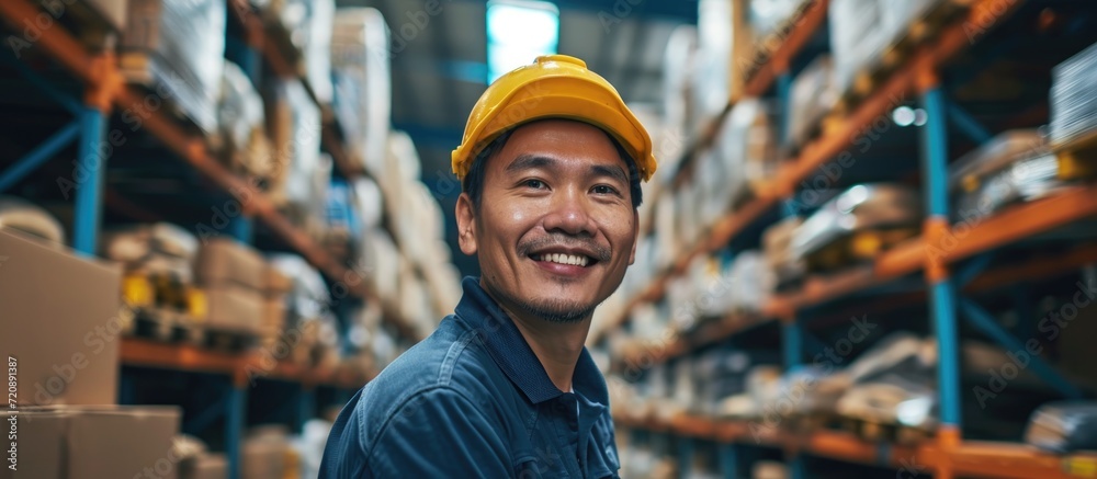 Asian male worker smiling while working in a distribution center, handling products in a logistic center. Asian male worker smiling while working in a distribution center, handling products in a logistic center.