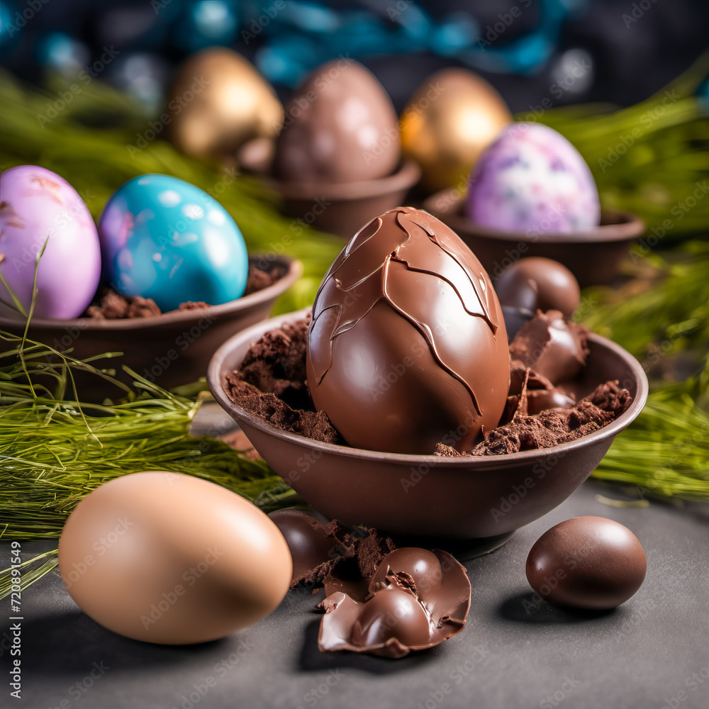 Chocolate Easter bunnies and colorful eggs on beautiful background Chocolate Easter bunnies and colorful eggs on beautiful background