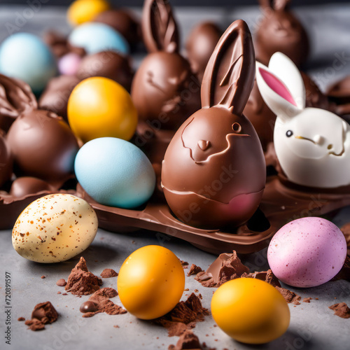 Chocolate Easter bunnies and colorful eggs on beautiful background