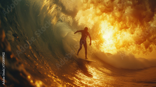 Dynamic surfing visuals. Wave riding action scenes. Image captures the exhilarating essence of surfing, ideal for conveying the thrill and skill of this water sport.