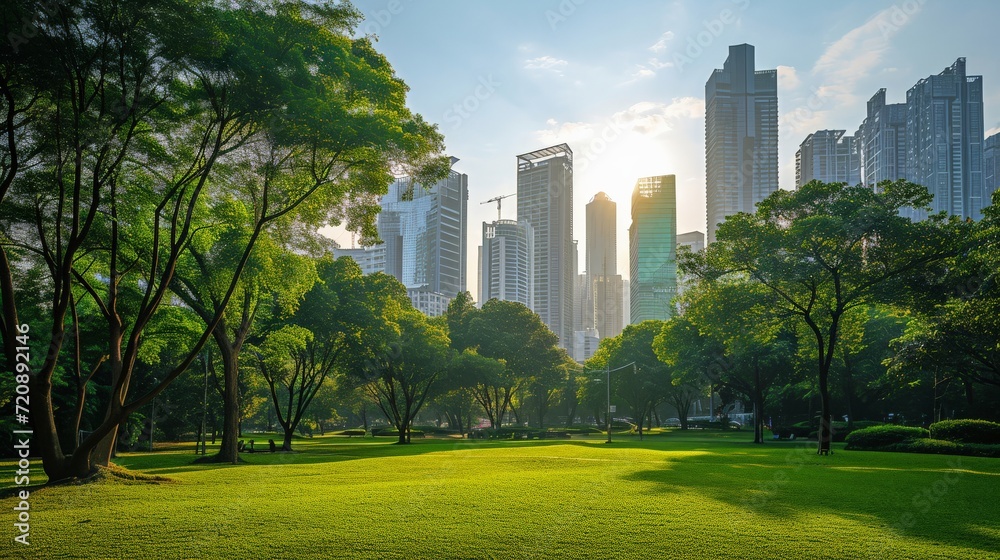 Public park and high-rise buildings cityscape in metropolis city center. Green environment city and downtown business district in panoramic view Public park and high-rise buildings cityscape in metropolis city center. Green environment city and downtown business district in panoramic view
