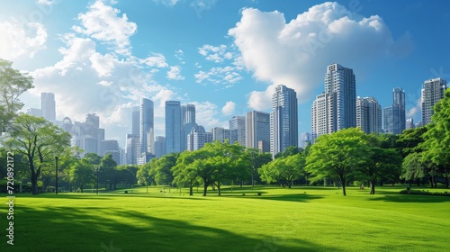 Public park and high-rise buildings cityscape in metropolis city center. Green environment city and downtown business district in panoramic view photo