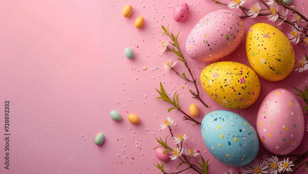 easter eggs on pink background with copy space