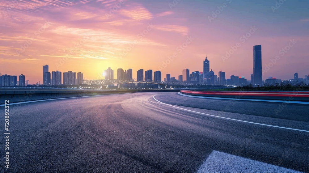Obraz premium Race track road and bridge with city skyline at sunset