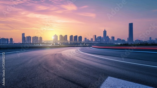 Race track road and bridge with city skyline at sunset