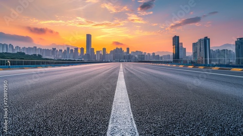 Race track road and bridge with city skyline at sunset