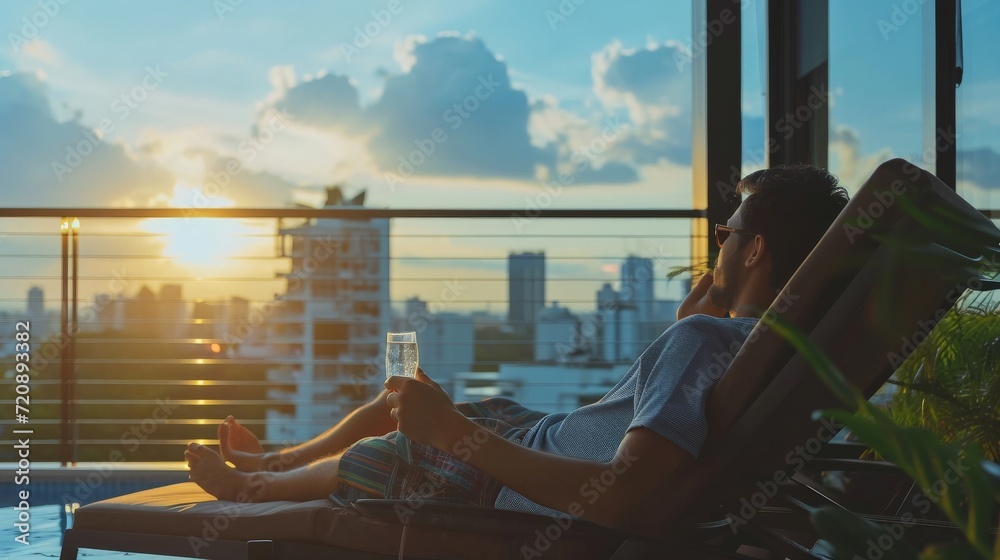 Relaxing couple lifestyle take it easy, lazy resting happily living in luxury city condominium, urban condo apartment, or business hotel tower for life-work balance and life quality concept - obrazy, fototapety, plakaty 