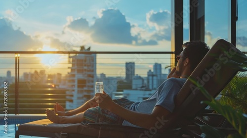 Relaxing couple lifestyle take it easy, lazy resting happily living in luxury city condominium, urban condo apartment, or business hotel tower for life-work balance and life quality concept photo