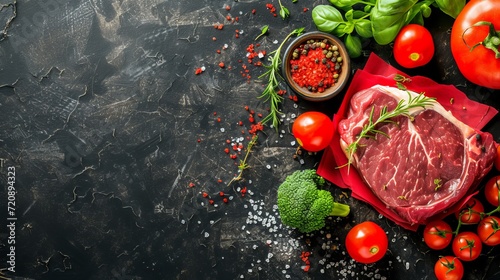 Top view of fresh raw beef steak with red pepper, rosemary, and salt on black surface