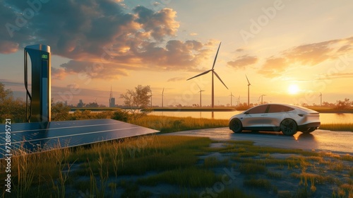 Using of charge station, solar panel and windmill background. Sustainability assessment, renewable energy concept. Electric vehicle using sustainable source, wind generator. Saving, climate change. photo