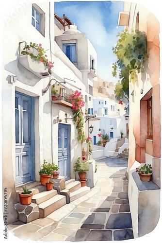 "AI-Generated Watercolor Illustration: Street of Santorini"  © Kirk