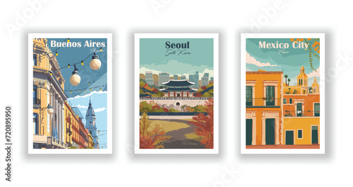 Buenos Aires, Argentina. Mexico City, Mexico. Seoul, South Korea. Vintrage travel poster. Wall Art and Print Set for Hikers, Campers, and Stylish Living Room Decor.