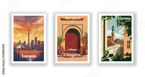 Marrakech, Morocco. Toronto, Canada. Vienna, Austria. Vintrage travel poster. Wall Art and Print Set for Hikers, Campers, and Stylish Living Room Decor. photo