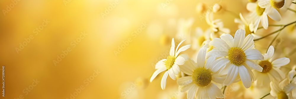 White flowers on a soft yellow background with copy space. Women's Day, Valentine's Day and romantic anniversaries. Banner