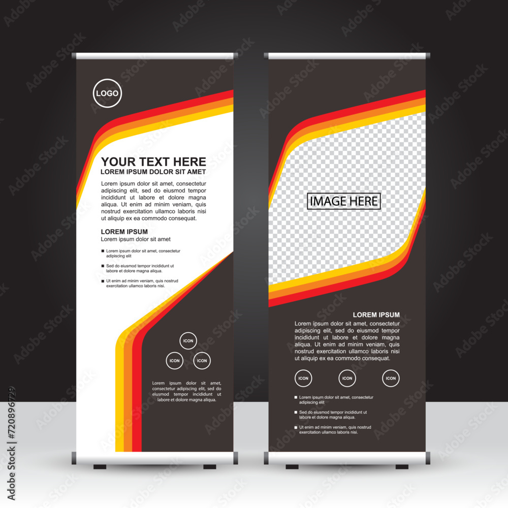 Retro style Roll Up Banner template. Black, red and orange color combination. Standing banner design, advertisement, flyer and display. Vector Design. Retro style Roll Up Banner template. Black, red and orange color combination. Standing banner design, advertisement, flyer and display. Vector Design.