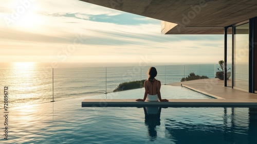 Woman in modern house overlooking ocean