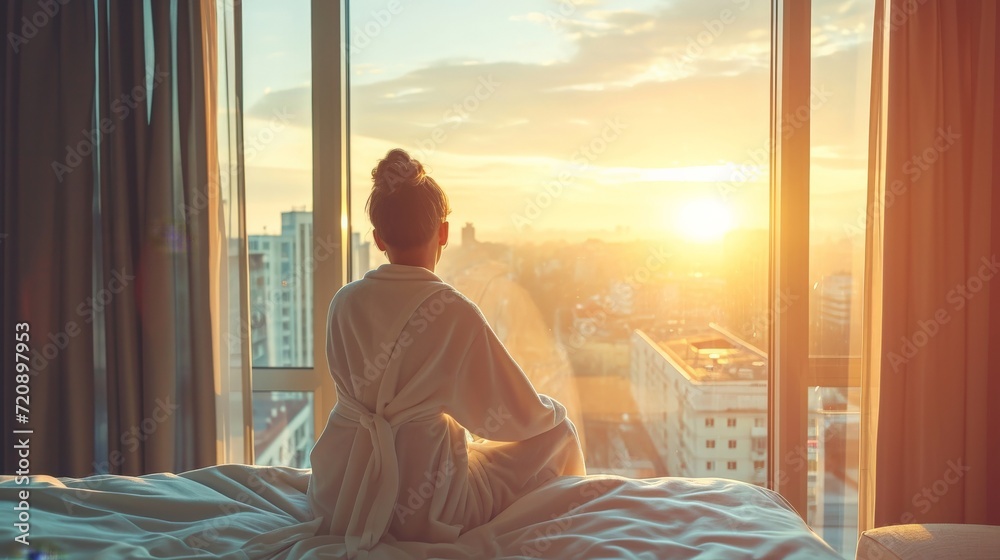 Young woman in bathrobe wake up in modern bedroom open curtains enjoy good morning. Female awake at home or hotel sun shines on her from the big window and city scenery in the window. - obrazy, fototapety, plakaty 
