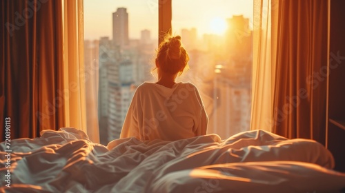 Young woman in bathrobe wake up in modern bedroom open curtains enjoy good morning. Female awake at home or hotel sun shines on her from the big window and city scenery in the window. photo