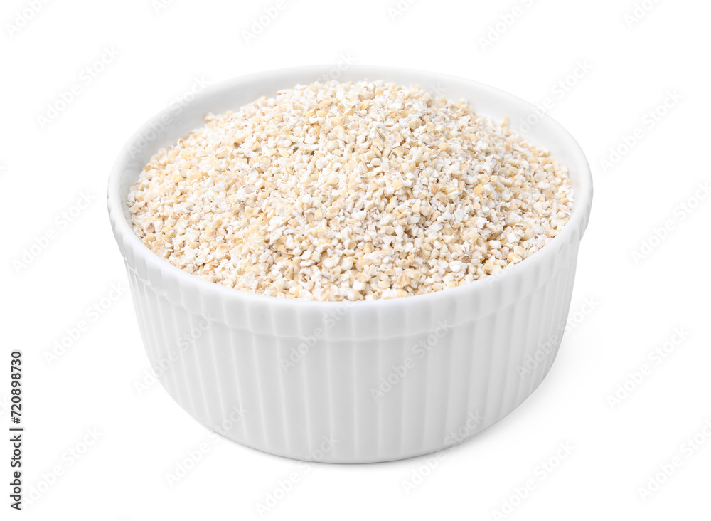 Dry barley groats in bowl isolated on white Dry barley groats in bowl isolated on white