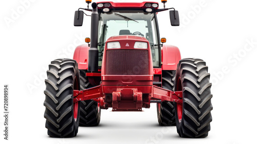 Big red agricultural tractor  front view isolated on transparent and white background.PNG image.