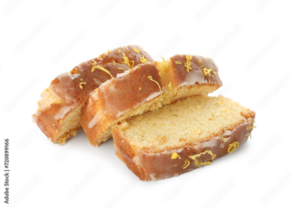 Pieces of tasty lemon cake with glaze isolated on white Pieces of tasty lemon cake with glaze isolated on white
