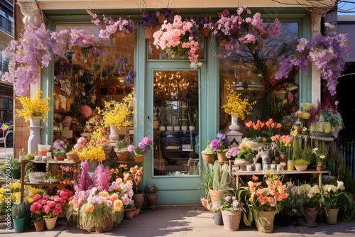 Storefront decorated for spring and Easter with flowers and whimsical decor, pastel colored decorations