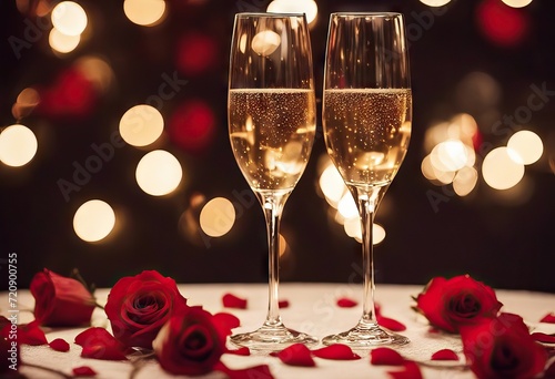 Valentines Day rose glasses red date date candlelight setting night champagne Romantic concept