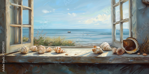 a painting is shown of shells on the window sill, generative AI