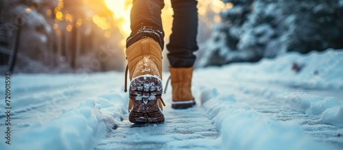 A person in winter boots walks on a snowy road.