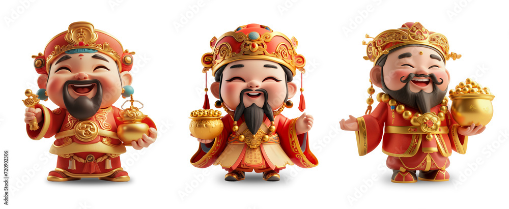 Set of three Chinese Gods characters, transparent background