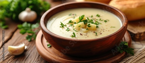 Creamy potato soup served on wooden plate.