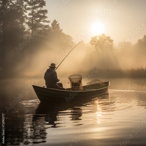 fishing on the lake early morning sunrise fog