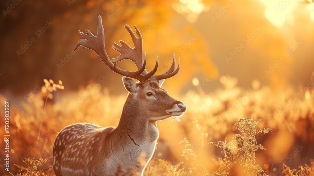 Deer with antlers in the warm sunlight, wildlife photography