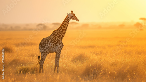 Giraffe in the Savannah at sunset, wide landscape shot
