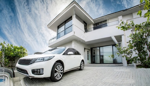  vehicle EV hybrid car is being charged from a wallbox on a contemporary modern residential building house