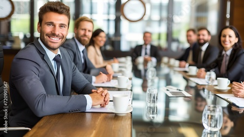 Happy businessman in productive office meeting with blurred glass walls background