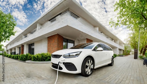  vehicle EV hybrid car is being charged from a wallbox on a contemporary modern residential building house