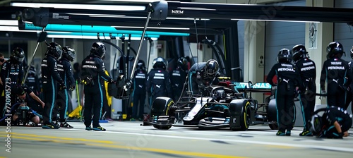 Formula 1 racing car undergoing maintenance at pit stop with technical team working photo