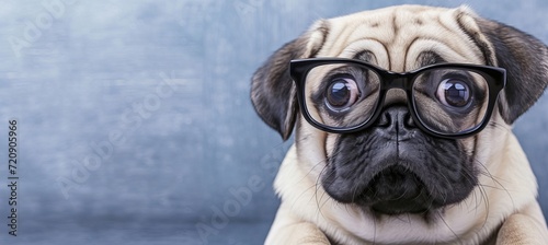 Smart dog wearing black glasses isolated on blue background with copy space on left side for text © Ilja