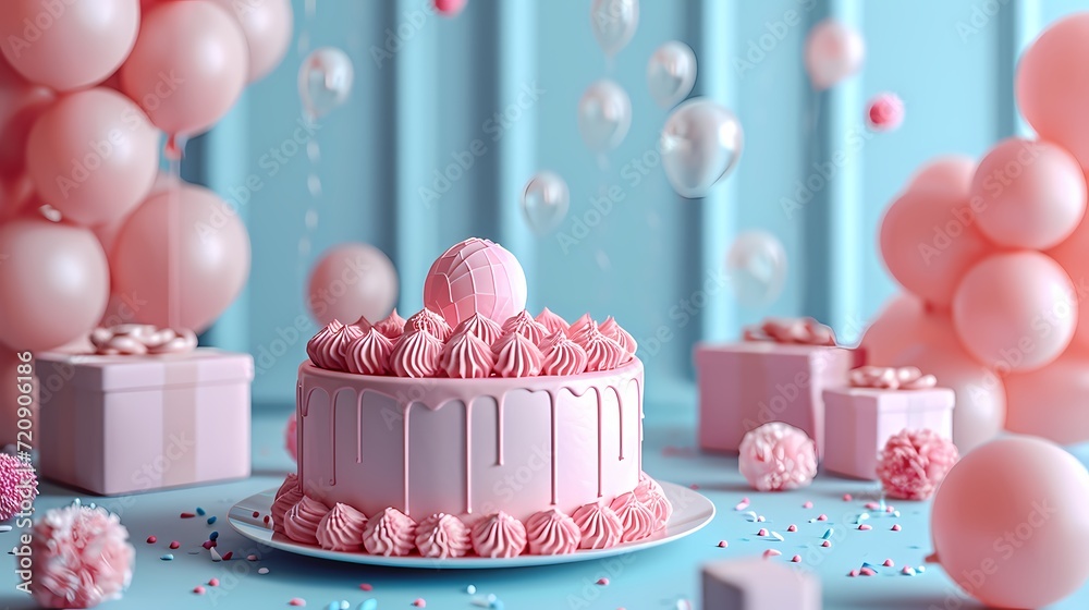 sweet pastel pink birthday cake with candles for birthday background ...