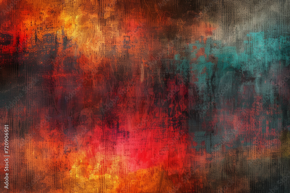 Abstract textured painting with a fiery fusion of red, orange, and cool blue tones, evoking a sense of warmth and depth.