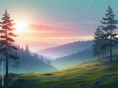 Pine forest and beautiful sunrise illustration, AI generative © Rihaya Design 