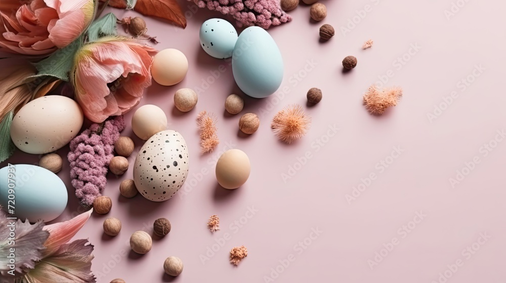 Top View of Happy Easter Day banner concept design of colorful eggs and plants on pastel background Top View of Happy Easter Day banner concept design of colorful eggs and plants on pastel background