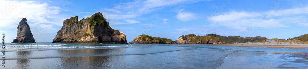 Rock formation at Wharariki beach panorama, Golden bay, New Zealand