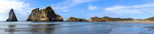 Rock formation at Wharariki beach panorama, Golden bay, New Zealand